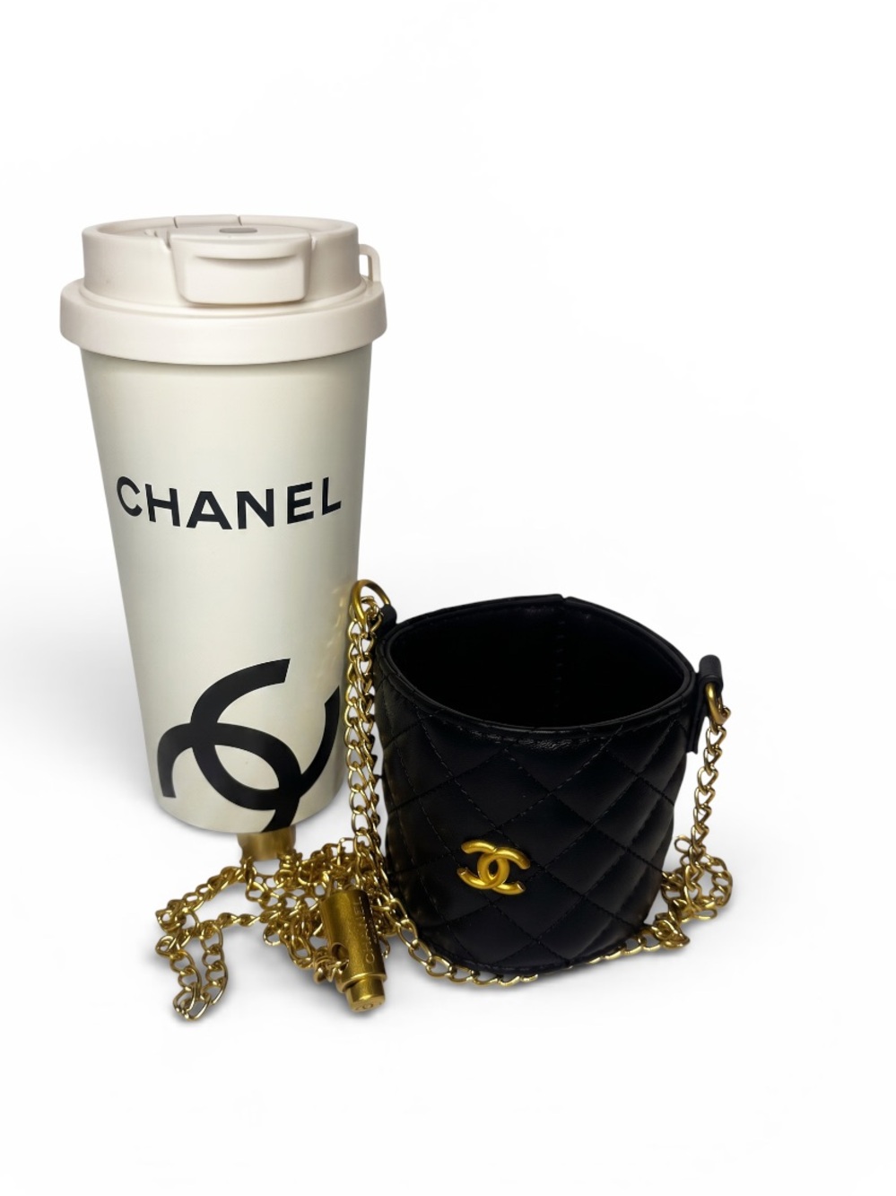 Chanel Black Quilted Mini Bucket Crossbody with Gold Chain cup and pouch gwp